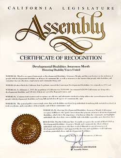 Certificate of Recognition from the California Assembly for Developmental Disabilities Awareness Month Honoring Disability Voices United