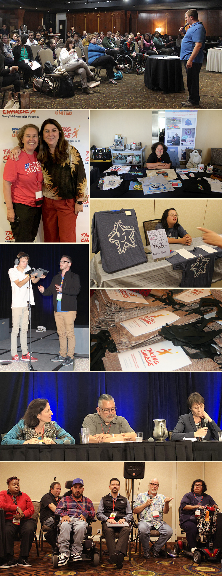 A large collage of various scenes at the Self-Determination Conference including panelists speaking, people tabling, a young man holding his communication device up to a microphone, and many multi-person panels