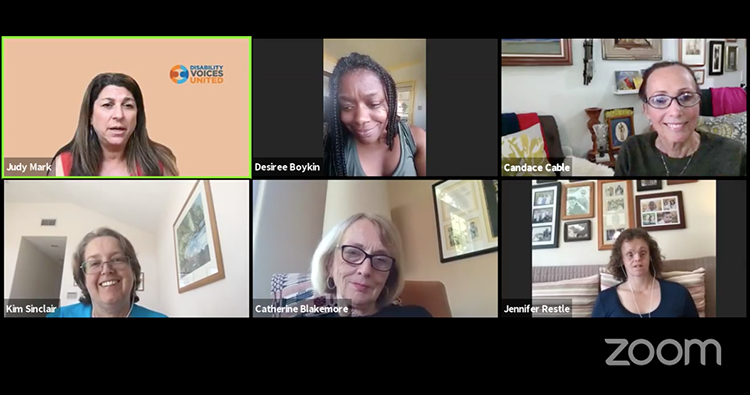 Screenshot of Zoom webinar with six participants, each in their own box. They are all smiling women