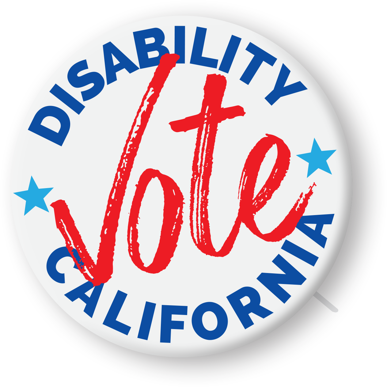 The Disability Vote California logo. It looks like a white political button with "Disability Vote California" written on it. 'Disability' and 'California' are in blue text; Vote is in large red text in the middle of the button. There are 2 light blue stars on either side of the word VOTE.