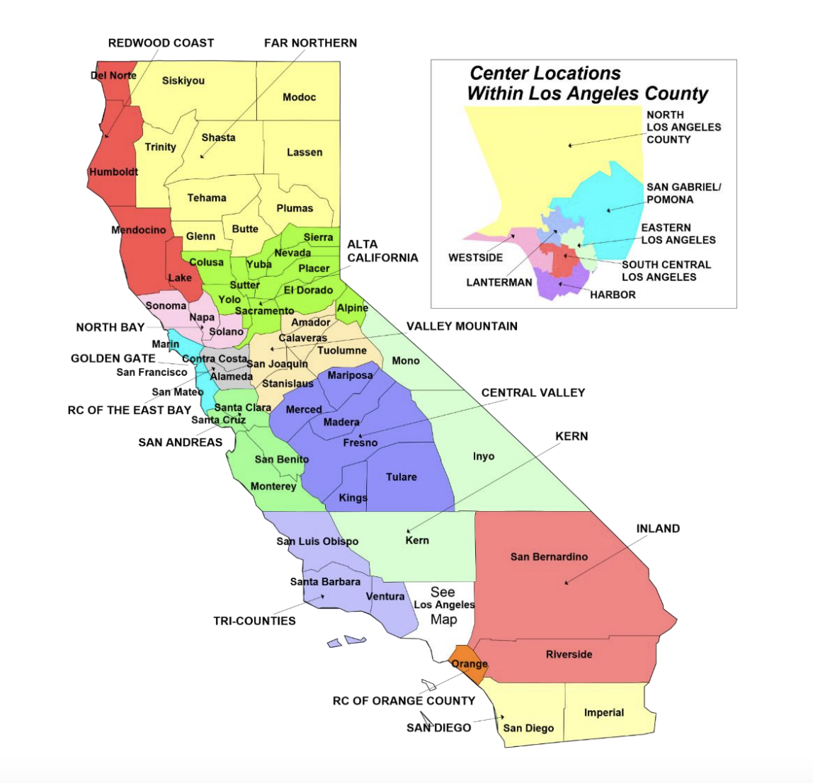 Map of California detailing the catchment areas of the 21 regional centers. There is also an expanded map of the regional centers in Los Angeles County